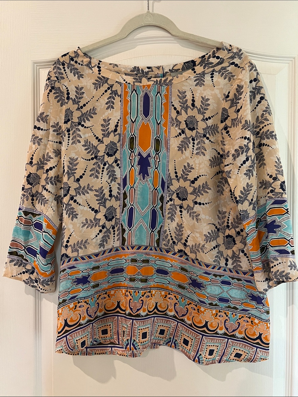 Maeve Cream Floral Blouse with Teal and Orange Geometric Trim